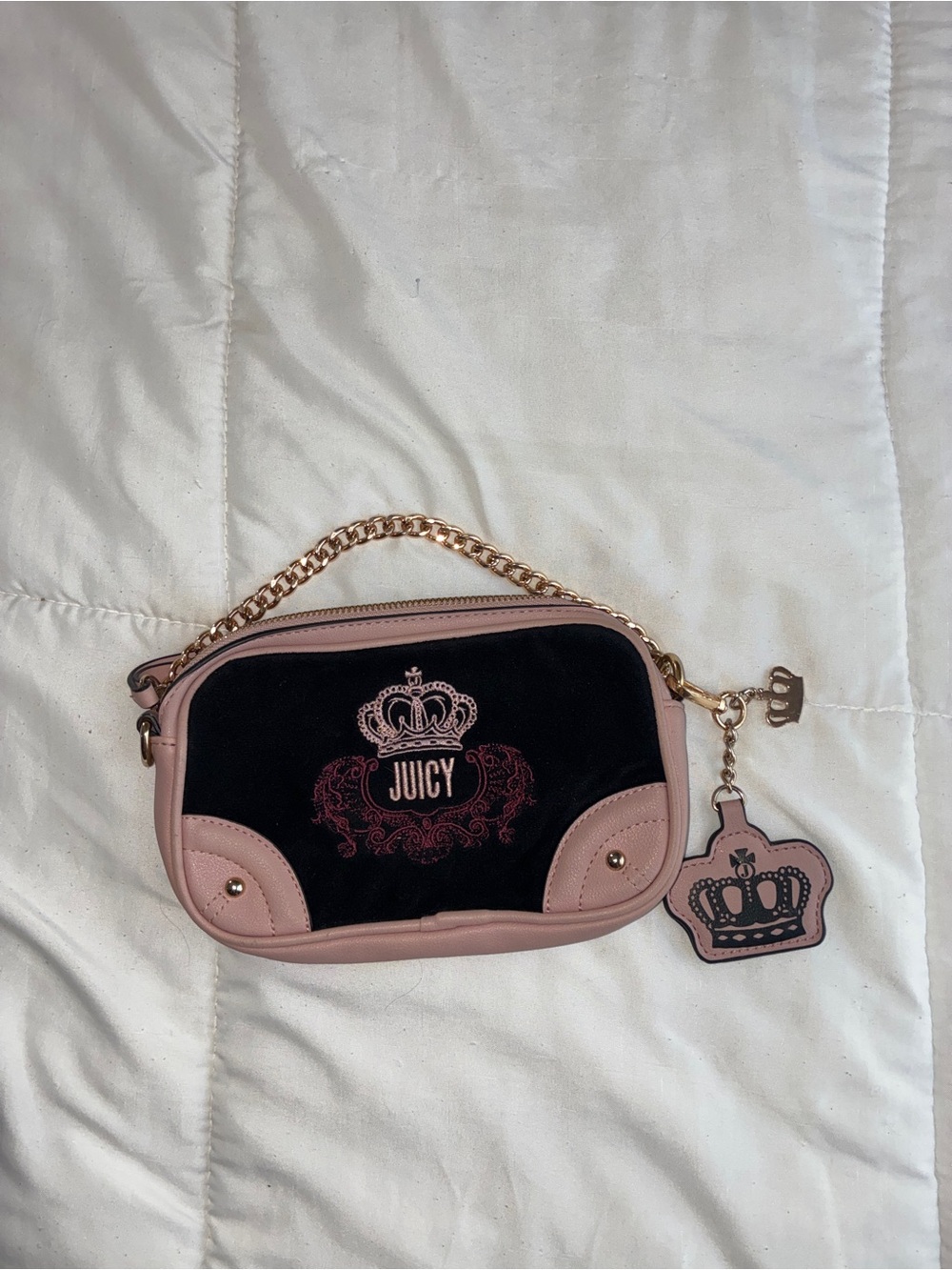 Y2k vintage Juicy Couture Pink and Black Velvet Logo Crossbody Bag